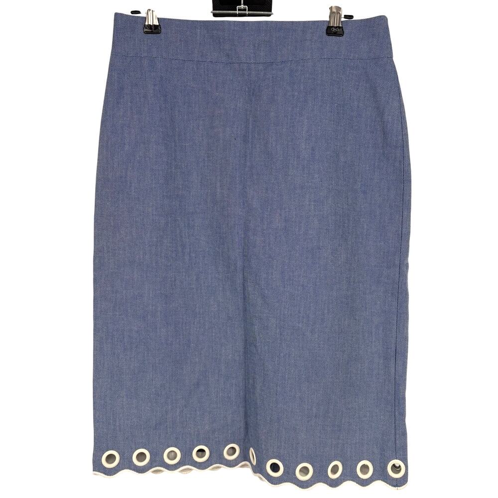 J.Crew Womens Cotton Blue Scalloped Grommit Trim High Waisted Pencil Skirt Sz 0